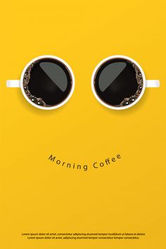 two cups of coffee with their eyes closed on a yellow background that says morning coffee