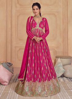 Hot Pink Multi Thread And Sequence Embroidery Anarkali Gown Pink Anarkali Suits, Pink Anarkali, Gown With Dupatta, Gown Party Wear, Gown Suit, Party Wear Gown, Georgette Dupatta, Designer Anarkali, Patiala Salwar