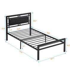 a bed frame with measurements for the headboard and foot board on top of it