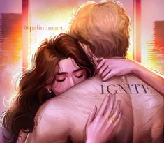 two people hugging each other in front of a cityscape with the words ignite written on it