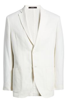 Elevate your wardrobe with this sport coat cut from breathable linen in a single-breasted silhouette with contemporary patch pockets. 28 1/2" length (size 40) Notched collar Lined 100% linen Dry clean Imported Business Casual Linen Outerwear With Patch Pockets, Linen Outerwear With Patch Pockets For Business Casual, White Linen Outerwear With Pockets, Linen Blazer With Notch Lapel And Pockets, Linen Outerwear With Notch Lapel And Patch Pockets, Linen Notch Lapel Blazer With Pockets, Classic Linen Blazer With Pockets, Modern Linen Blazer With Pockets, Tailored Linen Sport Coat With Pockets