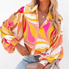 This Glam Printed Statement Sleeve Top Will Keep You Looking Cute As You Explore On Your Next Vacay! Swirl Pattern Design, Collared Neckline, Long Sleeves With Smocked Cuff, Drop Shoulders, And A Relaxed Wide-Cut Bodice. Long Sleeves 100% Polyester Nwot Boho Lanterns, Classy Fits, Colorful Blouses, Lantern Sleeved Blouses, Straight Clothes, Statement Sleeves, Casual Shirt Women, Winter Print, Collar Cardigan