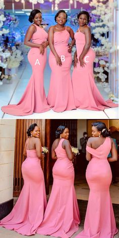 three women in pink dresses standing next to each other