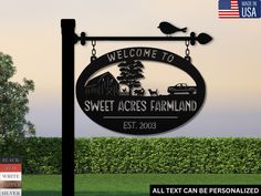 the welcome sign to sweet acres farmland