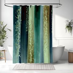 a bathroom with a bathtub, rug and shower curtain that has an abstract painting on it