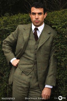 a man wearing a suit and tie standing in front of a green bush with his hands on his hips