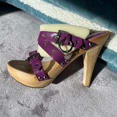 Purchased New Put Them Away In My Closet And I Never Wore Them. Fun Purple Color, Still In The Original Box. Wood Heel. #Vintage #90's Purple Heels With Buckle Closure, Purple Open Heel Heels With Buckle Closure, Purple High Heels With Buckle Closure, Heeled Clogs, Black Platform Wedges, High Heel Clogs, Gold High Heels, Black Platform Heels, Platform Wedge Heels