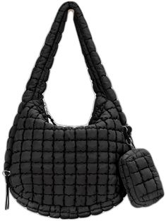 Trendy Quilted Nylon Shoulder Bag, Trendy Quilted Nylon Bag, Quilted Nylon Crossbody Bag, Black Quilted Nylon Shoulder Bag, Quilted Black Nylon Shoulder Bag, Large Capacity Nylon Crossbody Hobo Bag, Nylon Rectangular Hobo Bag With Removable Pouch, Nylon Crossbody Hobo Bag With Zipper Closure, Puffer Purse