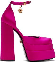 Silk-blend satin platform heels in pink. Signature Medusa charm and crystal-cut accents at adjustable pin-buckle ankle-strap. · Square toe · Logo-embossed goatskin footbed · Covered platform midsole and block heel · Signature Medusa hardware at polished calfskin outsole · Gold-tone hardware · Platform: H2.5 in · Heel: H6.25 in Supplier color: Fuchsia Medusa Aevitas Platform, Pink Medusa, Satin Platform Heels, Magenta Heels, Purple High Heels, Pink Platform Heels, Pretty Heels, Purple Sandals, Versace Pink