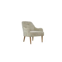 an upholstered chair with wooden legs and a light colored fabric on the back