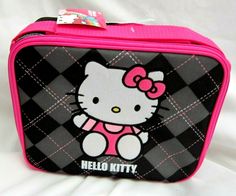 HELLO KITTY 9.5" BLACK GARGOYLE PATTERN INSULATED LUNCHBOX!!BRAND NEW WITH TAGS!!  Lunchbox features main compartment closure and adjustable padded shoulder straps/carrying strap. Lunchbox measures approx. 8" Height x 9.5" Wide x 3.5" Deep Artwork: Popup Embroidery Applique Trademark: FAB STARPOINT 100% BRAND NEW AND LICENSED PRODUCT BRAND NEW with tag! BUY IT NOW!! Many styles for you to choose (DOC MCSTUFFINS,BRATZ,LITTLE PRINCESS,MINNIE MOUSE,DORA THE EXPLORER,TEENAGE MUTANT NINJA TURTLES,SPI Pink Portable Lunch Bag For School, Pink Rectangular School Lunch Bag, Rectangular Pink Lunch Bag For School, Rectangular Pink School Lunch Bag, Pink Portable Rectangular Lunch Box, Portable Black Lunch Box For School, Princess Minnie Mouse, Hello Kitty Lunch, Hello Kitty Themes