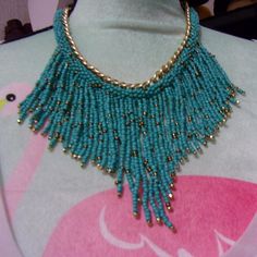 Nwt: Western Turquoise & Gold Seed Beads Fringe On A Gold Chain & Seed Bead Necklace, 20" Long, The Fringe Hangs Down 4" Trendy Beaded Necklace With Colorful Turquoise Beads, Trendy Turquoise Necklace With Round Beads, Trendy Turquoise Beaded Necklace, Trendy Turquoise Beaded Necklaces With Round Beads, Trendy Turquoise Round Beaded Necklace, Trendy Turquoise Round Beads, Trendy Blue Jewelry With Large Beads, Elegant Turquoise Dangling Beads, Blue Beaded Necklace With Dangling Beads For Costume Jewelry