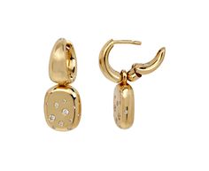 With their modern movement and subtle sparkle, these Kloto earrings are unlike anything in your collection. The polished, tapered 18K yellow gold hoops sit right under the ear and attach to 18K yellow gold latch backs. A rectangular, polished 18K yellow gold drop is covered in a surface of tiny diamonds and dangles below for a hint of unexpected movement. total length : 1"18K yellow gold hoop width : 3mm to 5.5mm18K yellow gold and diamond drops : 1/2" x 3/8"diamonds : vary : 1mm diameter to 2mm Contemporary Yellow Gold Hoop Earrings For Formal Occasions, Modern Gold Huggie Diamond Earrings, Modern Yellow Gold Diamond Earrings Tarnish Resistant, Polished Yellow Gold Diamond Drop Earrings, Modern Yellow Gold Single Stud Earring, Luxury 14k Gold Rectangular Earrings, Modern Yellow Gold Huggie Diamond Earrings, Yellow Gold Plated Rectangular Earrings, Rectangular Yellow Gold-plated Earrings