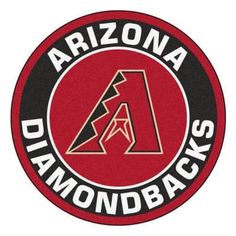 the arizona diamondbacks logo is shown in black and red on a round rug that reads,