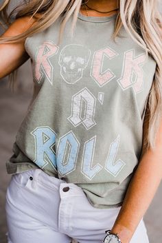 Green Rock N' Roll Skull Print Sleeveless Top Trendy Sleeveless Top For Concert, Summer Tank Top With Skull Print, Edgy Skull Print Sleeveless Tank Top, Sleeveless Skull Print Top For Summer, Sleeveless Summer Top With Skull Print, Summer Skull Print Tank Top, Casual Vest With Graphic Print For Fall, Casual Graphic Print Vest For Fall, Edgy Sleeveless Tank Top For Fall