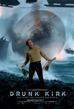 a movie poster for the film drunk kirk with a man standing in front of a ship