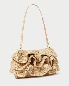 Ruffled clutch in natural raffia. Features a frame closure and optional leather strap. Raffia Clutch, Hand Bags For Women, Crochet Pouch, Clover Green, Raffia Bag, Bow Heels, Luxury Designer Handbags, Crochet Tote, Loeffler Randall