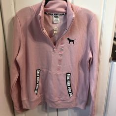 Large New With Tags $38 On Other Platforms Casual Pink Sweatshirt With Pockets, Pink Half-zip Top For Fall, Pink Half-zip Sweatshirt For Fall, Sporty Pink Top With Pockets, Sporty Pink Tops With Pockets, Sporty Pink Sweatshirt With Pockets, Pink Half-zip Top For Spring, Vs Pink Half Zip, Vs Pink