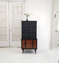 a black and brown dresser sitting in front of a white door next to a potted plant