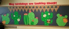 a bulletin board decorated with green cactuses and saying, may birthdays are looking sharp