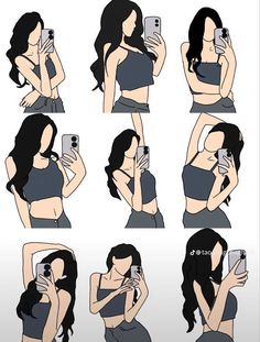 a woman taking a selfie with her cell phone in various poses and holding a camera