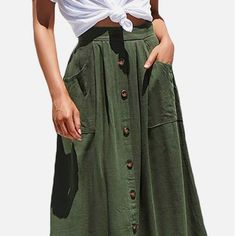 - New With Tags - 95% Polyester 5% Spandex - Midi Skirt - Buttons Down Front - Stiff Material - Pockets Casual Long Stretch Skirt, Casual Green Long Skirt, Casual Non-stretch Skirt With Pockets, Green Non-stretch Skirt With Elastic Waistband, Stretch Solid Color Skirt For Day Out, Chic Non-stretch Maxi Skirt With Pockets, Green Cotton Casual Maxi Skirt, High Waist Solid Color Skirt For Day Out, Casual Summer Skirt With Pockets