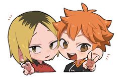 two anime characters one with blonde hair and the other with orange hair pointing at something