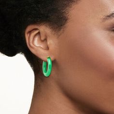 Ross-Simons - Jade Hoop Earrings with 14kt Yellow Gold. 1". Colorful green jade is said to bring good energy to all those who don it, making these hoops a fabulously affordable way to incorporate some positive vibes into your everyday. Hanging length is 1". Set in polished 14kt yellow gold. Snap-bar, jade hoop earrings. Modern Green Round Hoop Earrings, Green Jade Hoop Earrings, Modern Small Green Hoop Earrings, Turquoise Hoop Earrings Gold, Hoop Earring Outfit, Essential Jewelry, Jade Bead Necklace, Gemstone Hoop Earrings, Turquoise Hoop Earrings