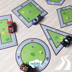 cars and trucks are on the road with matching paper placemats to make them look like they're racing