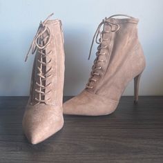 New Never Been Worn Pink Booties Heels Stiletto Tie Up The Front Suede Material Size 10 Beige Heels For Fall Night Out, Beige Heels For Night Out In Fall, Fitted Suede Party Booties, High Ankle 4-inch Heels For Spring, Party Beige Heeled Boots Medium Width, Beige Medium Width Heeled Boots For Party, Beige Pointed Toe Heeled Boots For Party, Elegant Suede Booties For Spring, Elegant Lace-up Booties For Spring