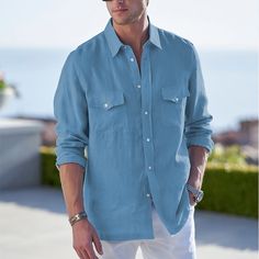 Season:Spring   Fall; Fabric:Cotton And Linen; Sleeve Length:Long Sleeve; Look After Me:Wet and Dry Cleaning,Washable; Gender:Men,Men's; Style:Comfortable,Fashion; Tops Type:Beach Shirt,Button Up Shirt,Linen Shirt,Shirt,Cotton Linen Shirt; Occasion:Streetwear,Casual,Daily,Holiday,Vacation; Pattern:Plain; Design:Front Pocket; Neckline:Lapel; Listing Date:11/28/2023; Bust:; Length:; Shoulder Width:; Sleeve: Powder Blue Dress, Shirt Linen, Blue Shirt Dress, Fashion Comfortable, Fall Fabric, Beach Shirt, Men Shirt, Comfortable Tops, Plain Design