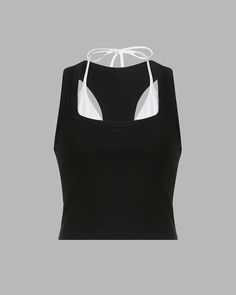 Details: Black tank top with white straps halter designTop Length: CroppedSleeve Length: SleevelessMaterials:35% Cotton + 60% Polyester + 5% Spandex