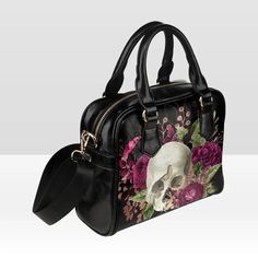 ► ABOUT THIS PURSE Colors: black, purple-violet Gorgeous Goth red-violet with skull, roses floral purse. Makes a great gift for yourself or anyone you love. The design is printed on both sides. The sides, bottom, handle and trim are black. • Manufactured with premium water-resistant PU vegan Alternative Style Black Satchel Bag, Gothic Black Satchel, Black Rectangular Punk Bag, Black Rectangular Punk Style Bag, Punk Style Black Rectangular Bag, Black Rectangular Alternative Shoulder Bag, Alternative Style Rectangular Bags For Daily Use, Alternative Style Rectangular Bag For Daily Use, Gothic Black Bag With Zipper Closure