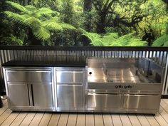 an outdoor kitchen with stainless steel appliances and plants on the wall behind it, along with wood flooring