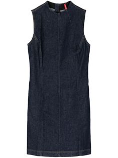 indigo blue cotton blend denim dart detailing round neck rear zip fastening sleeveless thigh-length straight hem Mini Dress Blue, Versace Outfit, Yoko London, City Dress, Denim Mini Dress, Summer Beach Wear, Denim Mini, Indigo Blue, Dress Blue