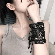 Color: Black Material: PU Edgy Black Bracelet For Halloween, Edgy Black Metal Wristband, Edgy Black Halloween Bracelet, Edgy Black Party Wristband, Black Metal Gothic Wristband, Black Punk Wristband For Concert, Adjustable Black Leather Grunge Bracelet, Gothic Adjustable Bracelet For Streetwear, Black Punk Leather Bracelet