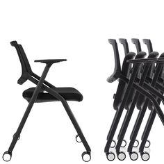 a stack of chairs with wheels on each side and an empty chair in the middle