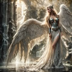 a woman dressed as an angel standing in front of a waterfall with her wings outstretched