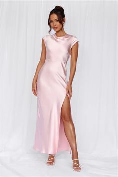 Length from shoulder to hem of size S: 143cm.  Chest: 39cm, Waist: 34cm, across front only of size S.  Maxi dress.  Lined.  Model is a standard XS and is wearing size XS.  True to size.  Non-stretch.  Luxurious satin.  High cowl neckline.  Cap sleeve.  Tie to back.  Twist back with cutout.  Split to skirt.  Straight, flowy silhouette.  Zipper with hook eye closure.  Cold hand wash only.  Polyester.   This material is very delicate. Please handle with care.    Please Note: This product is a Hello Molly Exclusive.    Step into a world of enchantment with Hello Molly's newest bridesmaid collection, Wedding Parlour.  Introducing a captivating style, designed with a high cowl neckline and delicate cap sleeves, evoking timeless elegance and femininity. The tie-back feature adds a charming touch, Pale Pink Bridesmaid Dresses Long, Pink Maxi Dress With Sleeves, Light Pink Bridesmaid Dresses, Pink Satin Dress, Skirt Straight, Candy Dress, Pink Silk Dress, Vestidos Color Rosa, Bridal Shower Outfit