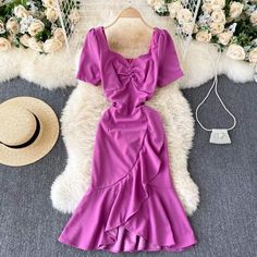 Size Chart（cm）   Size S M L XL Bust 78 82 86 90 Length 98 99 100 101 Waist 64 68 72 76 Sleeve 23 24 25 26 Hip 80 84 88 92 Band：Orchidmet Product Type:Midi Dress Style:Sexy  Sleeve Length: short Sleeve Collar-line:  V-neck  Waist Type: Normal Pattern Type:Solid Package:1*Dress Size tips: 1. Manual measurement, around 1cm difference allowed. 2. Due to reason of light and display,there may be a slight color difference between the picture and real product . Purple Mermaid Hem Summer Dress, Fitted Purple Mermaid Dress With Ruffles, Summer V-neck Fitted Mermaid Dress, Fitted V-neck Mermaid Summer Dress, Fitted V-neck Mermaid Dress For Summer, Fitted Pink Mermaid Dress For Summer, Purple Mermaid Dress For Summer, Summer Purple Mermaid Dress With Mermaid Hem, Purple Summer Mermaid Dress