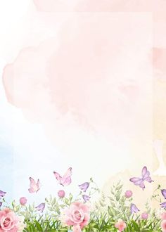 pink flowers and butterflies on a watercolor background with space for your text or image