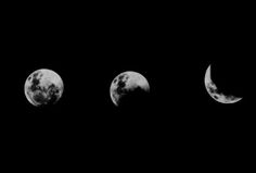 three phases of the moon are shown in this black and white photo, with only one half visible