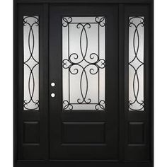 a black front door with glass panels and wrought iron designs on the side paneling