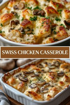 two pictures of different types of casserole with mushrooms and cheese in them on a wooden table