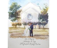 a watercolor painting of a bride and groom in front of a church with trees