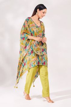 Lime padded kaftan with abstract print and embellished with cutdana, sequins and beads embroidery. Paired with palazzo and matching bag. - Aza Fashions Festive Chanderi Kaftan With Printed Motifs, Summer Multicolor Georgette Salwar Kameez, Multicolor Designer Kurta For Summer, Festive Multicolor Embroidered Kaftan With Dabka Work, Multicolor Silk Kurta With Dabka Detailing, Anarkali Multicolor Kaftan With Dabka Work, Unstitched Kaftan With Printed Motifs For Navratri, Unstitched Bohemian Kaftan For Festivals, Printed Motifs Kaftan For Navratri