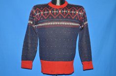 40s Bond Blue Red Snowflake Sweater Small Red Nordic Style Knitted Sweater, Red Nordic Knitted Sweater, Nordic Style Red Long Sleeve Sweater, Red Nordic Crew Neck Sweater, Red Nordic Long Sleeve Sweater, Red Nordic Sweater With Crew Neck, Ring Around The Collar, Snowflake Sweater, Mens Pullover