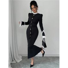 -Item Id 44302608 -Details: Button, Split, Button Front -Neckline: Stand Collar -Sleeve Type: Puff Sleeve -Style: Elegant -Type: Bodycon -Waist Line: Natural -Hem Shaped: Mermaid -Color: Black And White -Pattern Type: Colorblock -Sleeve Length: Extra-Long Sleeve -Fit Type: Slim Fit -Length: Long -Material: Knitted Fabric -Composition: 95% Polyester, 5% Elastane -Care Instructions: Machine Wash Or Professional Dry Clean -Sheer: No -Fabric: Slight Stretch **Open To Offers!!!** **Bundle To Save Mor Mafia Dress, Elegant Long Dress, Black Dresses Classy, Extra Long Sleeves, News Anchor, Elegant Dresses Long, Classy Chic, 2024 Fashion, Chic Boutique