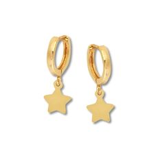 These adorable earrings for her feature dainty stars dangling from hoops. The 14K yellow gold earrings secure with hinged backs. Dainty Stars, Dainty Gold Earrings, Gold Diamond Earrings Studs, Gold Stock, Jewelry Advice, Yellow Gold Earrings, Kay Jewelers, Yellow Gold Earring, Accessories Jewelry Earrings