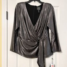 Gorgeous Grey Sparkly Blouse! Super Lightweight! Glamorous Metallic Shimmer Blouse, Chic Silver Blouse For Night Out, Chic Silver Blouse For A Night Out, Glamorous Holiday Formal Blouse, Glamorous Silver Evening Top, Glamorous Silver Top For Evening, Silver Shimmer Long Sleeve Top, Metallic Shimmer Blouse For Party, Elegant Metallic Blouse For Party